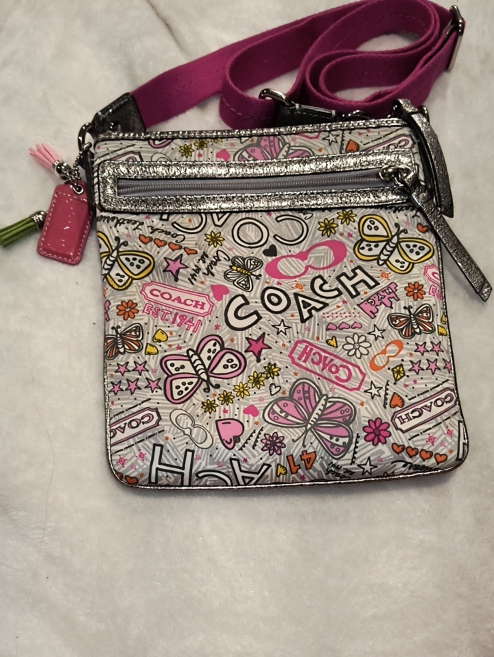 COACH Poppy White Butterfly Logo Crossbody with Pink Strap Dual Sided Tag